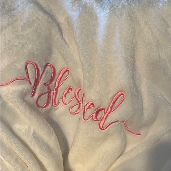 Soft White Medium Plush Bathrobe with Pink Embroidery Blessed - Picture 7 of 7